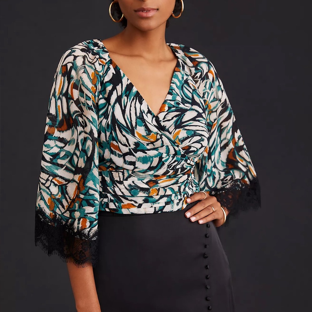 18. Anthropologie Green and Orange Ruffled Wrap Blouse 3/4 Sleeve